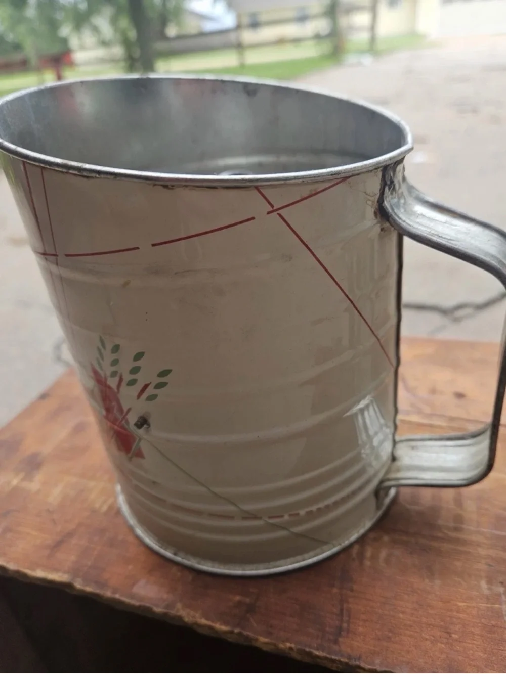Vintage White Tin Hand Crank Flour Sifter with Red Green Design